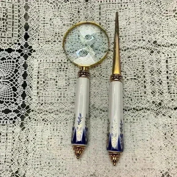 Vintage Cobalt Blue & White Porcelain Desk Set,  Magnifying Glass, Letter Opener - Picture 1 of 16